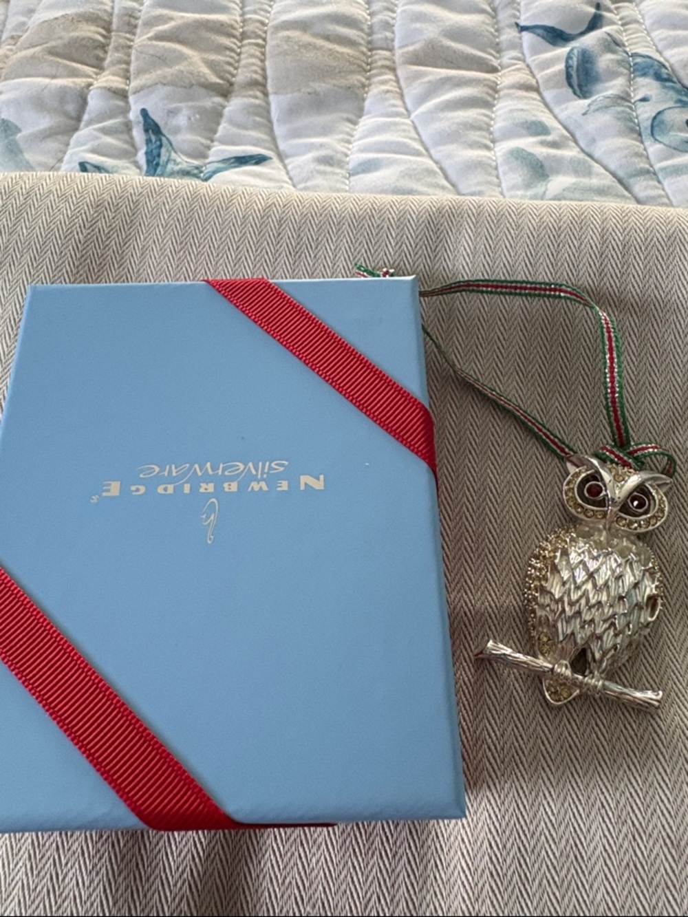 Silver Owl Holiday Ornament with Ribbon